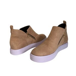 Ankle Boot Sneaker Womens Size 8 Camel Brown Faux Suede Comfort Flat Side Zipper